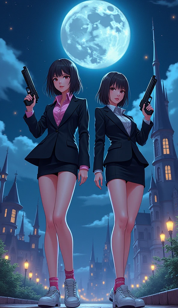 Two girls, japanese, "The first girl wear a black suit, pink shirt, black pencil skirt, black underpants, pink socks, white sneakers, holding a uzi handgun" and "The second girl wear a black suit, grey shirt, black pencil skirt, black underpants, grey socks, white sneakers, holding a uzi guns", the night castle, fantasic night sky, moon, novel cartoon, 4K, HD