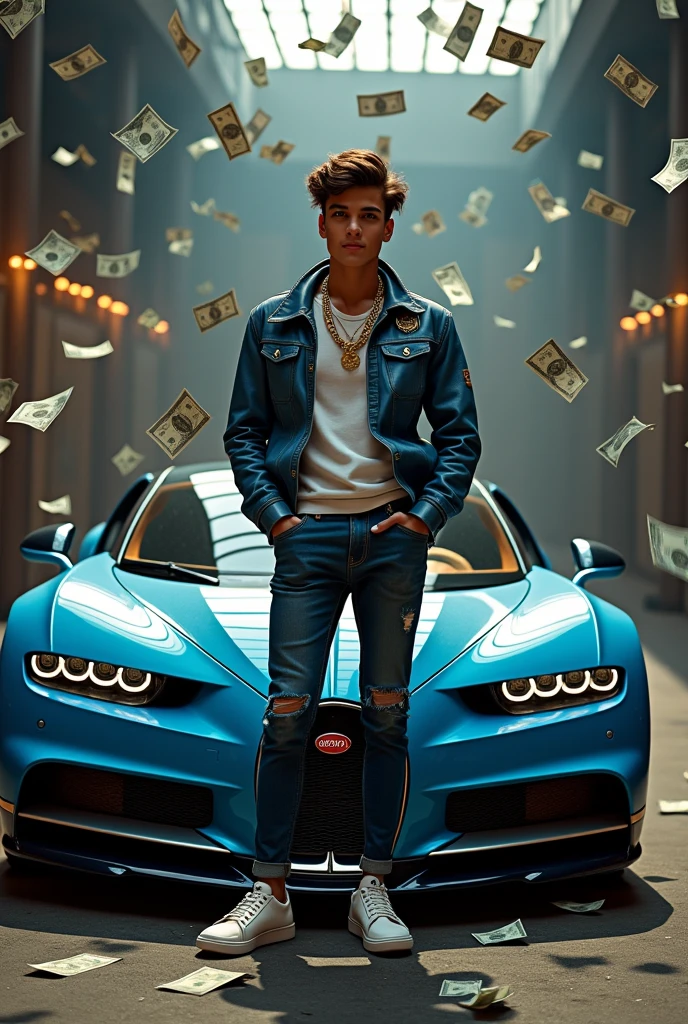 A teenager proudly poses next to a luxurious Bugatti, showcasing their wealth and success and dollers throw
