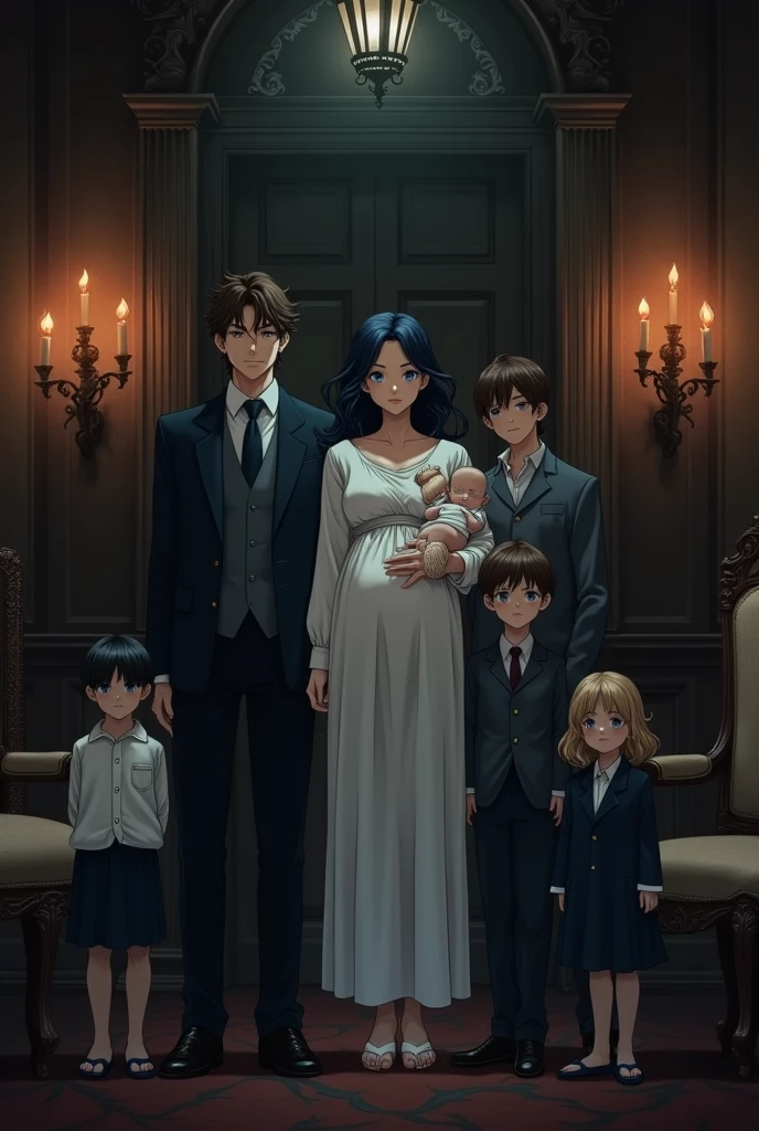 Create a family inside a mansion where everything is black and lit by torches. A fit 31 year old father with fair skin, short dark brown hair with waves, dressed smartly with dark blue eyes. A 29-year-old mother, 7 months pregnant, fair skin, black hair and waves at the ends, blue eyes, dressed in a white dressing room. With 5 male children, one of 8 years old, another of 6 years old, another of 4 years old and another of 2 years old, all male children are the same as the parents.. Dad holding his two--old in his arms. That they see themselves as a serious family and with very few emotions. That they have the format of the hunter x hunter anime