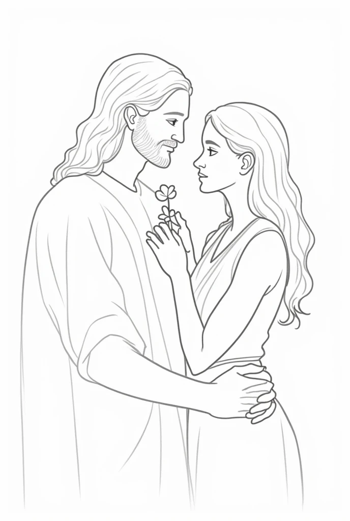 
"Create a simple image, a continuous line sketch, in which Jesus is embracing a age girl with long, curly hair and an angelic face, Jesus gives her a JASMIN flower, conveying a feeling of care and tenderness. The image should be minimalist, focusing only on the silhouettes, without excessive realism, as if it were a drawing made with a single pen stroke. The composition should only show the upper part of the bodies., From the waist up."
