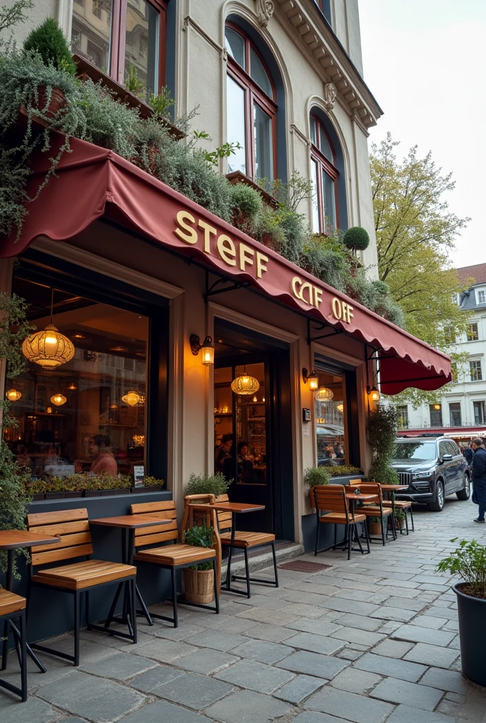 Take me a realistic and nice photo of a large cafeteria from the outside and from the front where the name Steff Coffe can be seen.