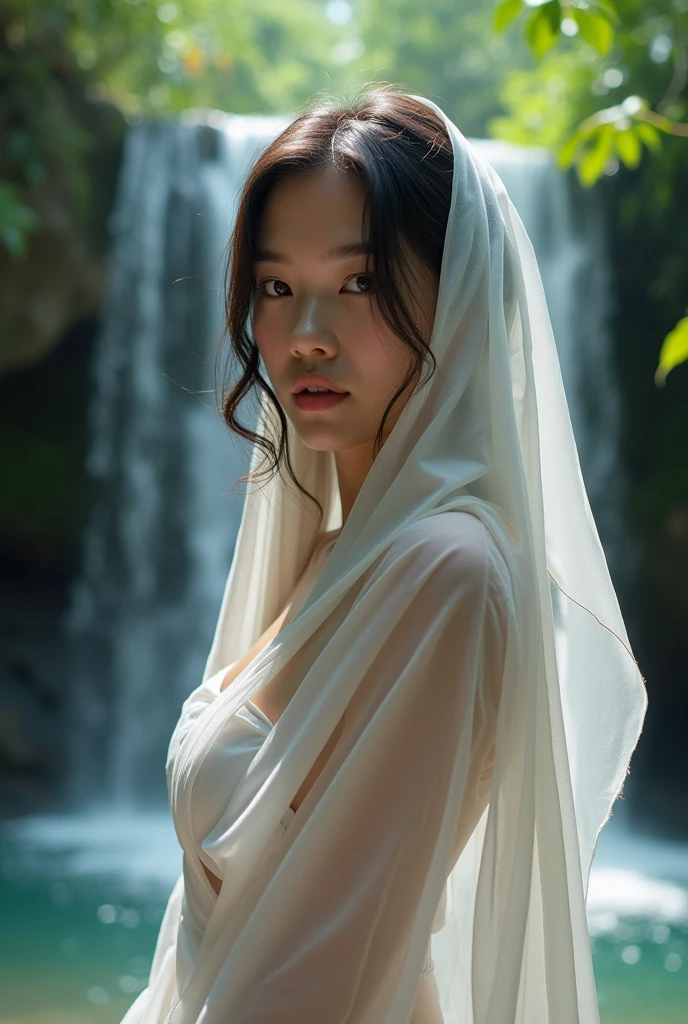 A beautiful 35 years old Thai woman, aesthetic face, big boobs, ((huge_boobs: 1.6)), covered by thin see through white fabric, standing in front of beyond imagination waterfall, crystal-cleat wather, inside jungle, magazine model posture, studio light, cinematic, realistic.