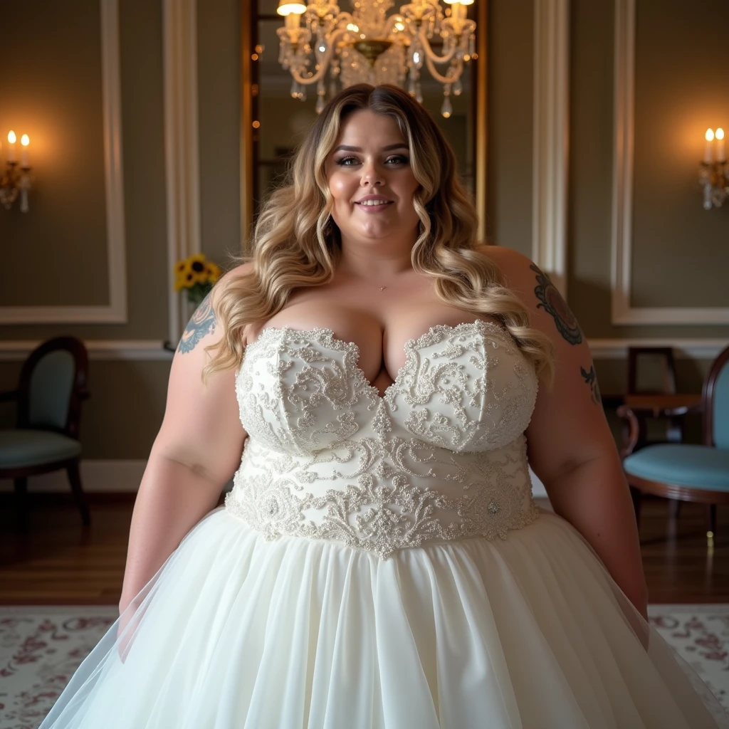 A woman is 200kg obese with a lot of belly fat, like Tess Holliday, she is a former plus size model with a beautiful face, she is wearing a pure white mermaid wedding dress and has a big belly, she is an obese American female sumo wrestler with a very large belly, her belly is bulging and covered with a lot of fat, she has a nice saggy belly and a tattoo around her navel, she is in a fancy wedding venue, 4K quality, low angle