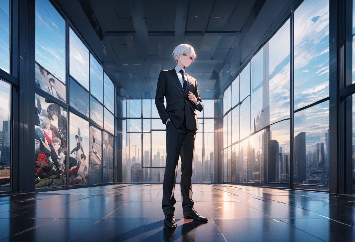 Chico, Alone, standing, adjusting his tie, whole body, a photo of a man in his twenties, shiny black suit, White hair, arranged to one side, Red eyes, big company, large windows, blue and clear sky, soft colors