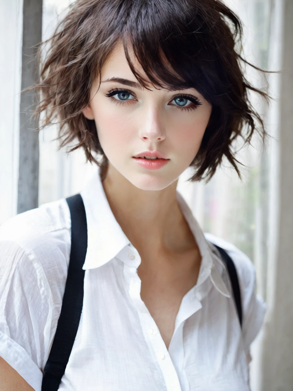 white, tender, beautiful, short hair, pretty, sexy, pale, white, beautiful, shirt, cute eyes