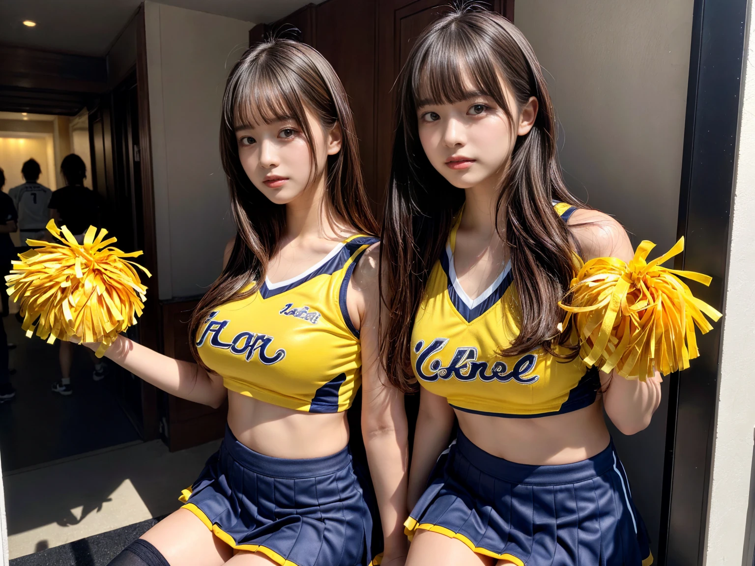 masterpiece, best quality, illustration, Super detailed, fine details, High resolution, 8K,wall paper, perfect dynamic composition,(Details High quality, realistic depiction of eyes:1.3), (3 girls), BREAK (cheerleader uniform with yellow as basic color:1.3), (holding a yellow pompoms in hand:1.4), (sleeveless yellow tunic with baseball team logo:1.4), yellow tops, (bold V-neck:1.3), ((Blue lines, black lines) on tops:1.3), ((fit and flare, A-line):1.3), (A-line yellow rah-rah skirt:1.3), mini skirt, (black socks:1.3), (sports shoes:1.2), sitting, open legs, short bob hair, in a hotel room in the background, deep on field, large breasts, black hair color, Big Natural Color Lip, (perfect body shape), crying a little、Harajuku style、20 year old girl、cute type、beautiful legs, Gravure Idol