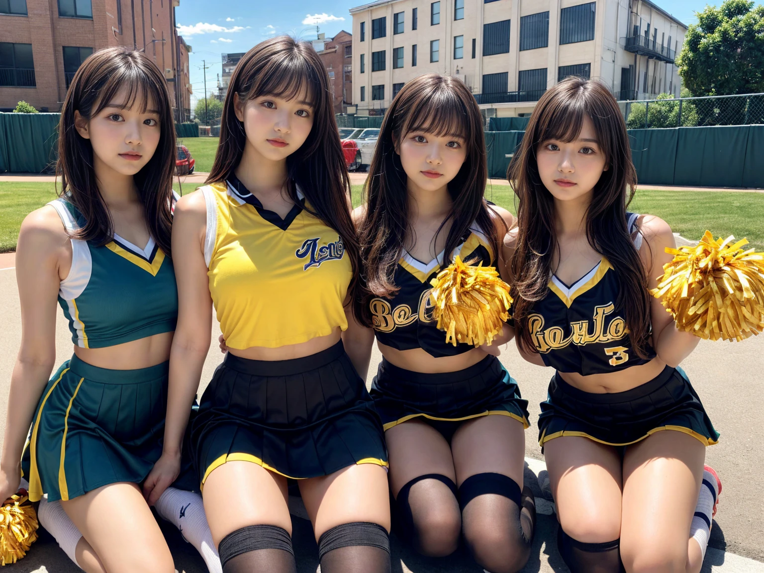 masterpiece, best quality, illustration, Super detailed, fine details, High resolution, 8K,wall paper, perfect dynamic composition,(Details High quality, realistic depiction of eyes:1.3), (3 girls), BREAK (cheerleader uniform with yellow as basic color:1.3), (holding a yellow pompoms in hand:1.4), (sleeveless yellow tunic with baseball team logo:1.4), yellow tops, (bold V-neck:1.3), ((Blue lines, black lines) on tops:1.3), ((fit and flare, A-line):1.3), (A-line yellow rah-rah skirt:1.3), mini skirt, (black socks:1.3), (sports shoes:1.2), sitting, open legs, short bob hair, in a hotel room in the background, deep on field, large breasts, black hair color, Big Natural Color Lip, (perfect body shape), crying a little、Harajuku style、20 year old girl、cute type、beautiful legs, Gravure Idol