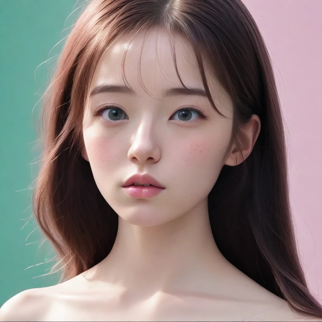 Beautiful 1 girl, standing alone, long hair, looking ahead at viewer, bangss, simple background, greeneyes, pink hair, parted lips, teeths, lips, eyelash, Messy hair, portraite, close up, freckles, realisitic