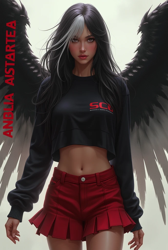 Light brown-skinned woman with long black hair and a white lock wearing a black shirt with a short red sweater that reaches above her waist and has a black logo on the sweater and a red skirt and has two-tone wings on her back, the right wing is completely black and the left wing is completely white and has the text on one part. "Angela Astartea" in large letters in a corner of the image