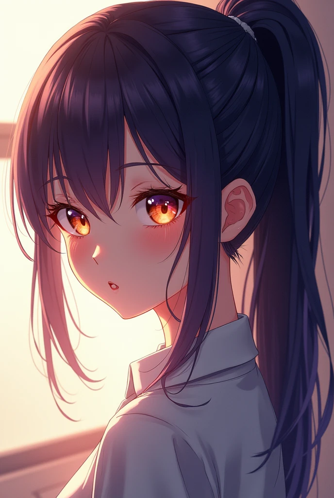 Fille anime. girl. hair tied in ponytail. dark purple hair. realistic. orange eyes. 17 ans. très très belle.