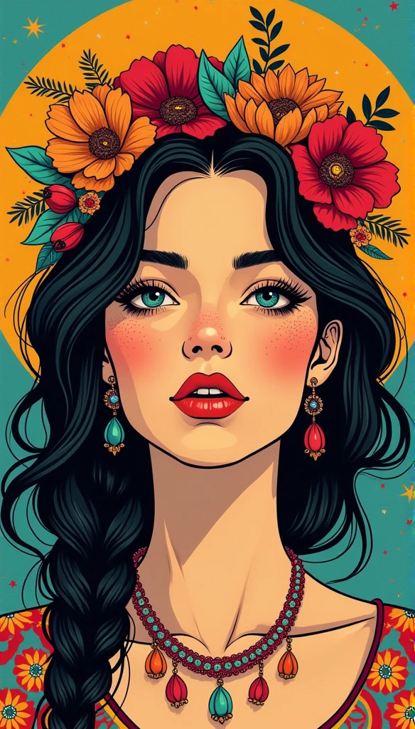 Freedom loving, beautiful young bohemian woman, retro pop art, beautiful female pop portrait, Beautiful face, festive fun, original art by Geramondo Geriandi