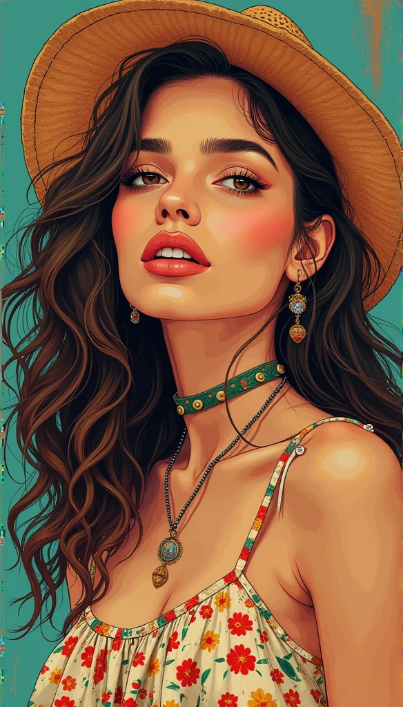 Freedom loving, beautiful young bohemian woman, retro pop art, beautiful female pop portrait, Beautiful face, festive fun, original art by Geramondo Geriandi