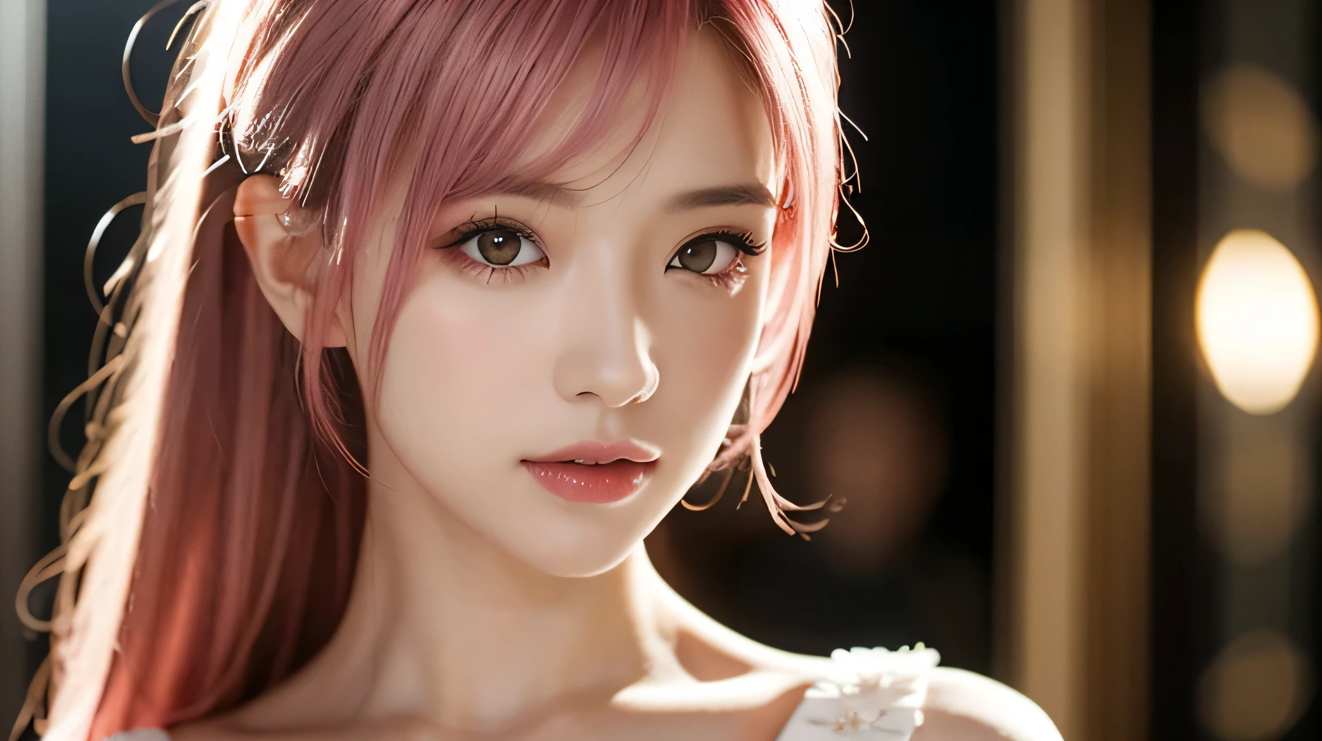 a beautiful girl with detailed pink hair in a white dress, standing at the entrance of a mansion, close-up portrait, highly detailed, masterpiece, best quality, ultra-detailed, realistic, photorealistic, photo-realistic:1.37, HDR, UHD, studio lighting, ultra-fine painting, sharp focus, physically-based rendering, extreme detail description, professional, vivid colors, bokeh