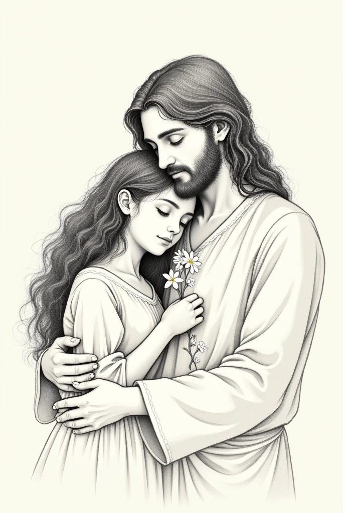 "Create a simple image, a continuous line sketch, in which Jesus is embracing a age girl with long, curly hair and an angelic face, Jesus gives her a JASMINE FLOWER, conveying a feeling of care and tenderness. The image should be minimalist, focusing only on the silhouettes, without excessive realism, as if it were a drawing made with a single pen stroke. The composition should only show the upper part of the bodies., From the waist up."