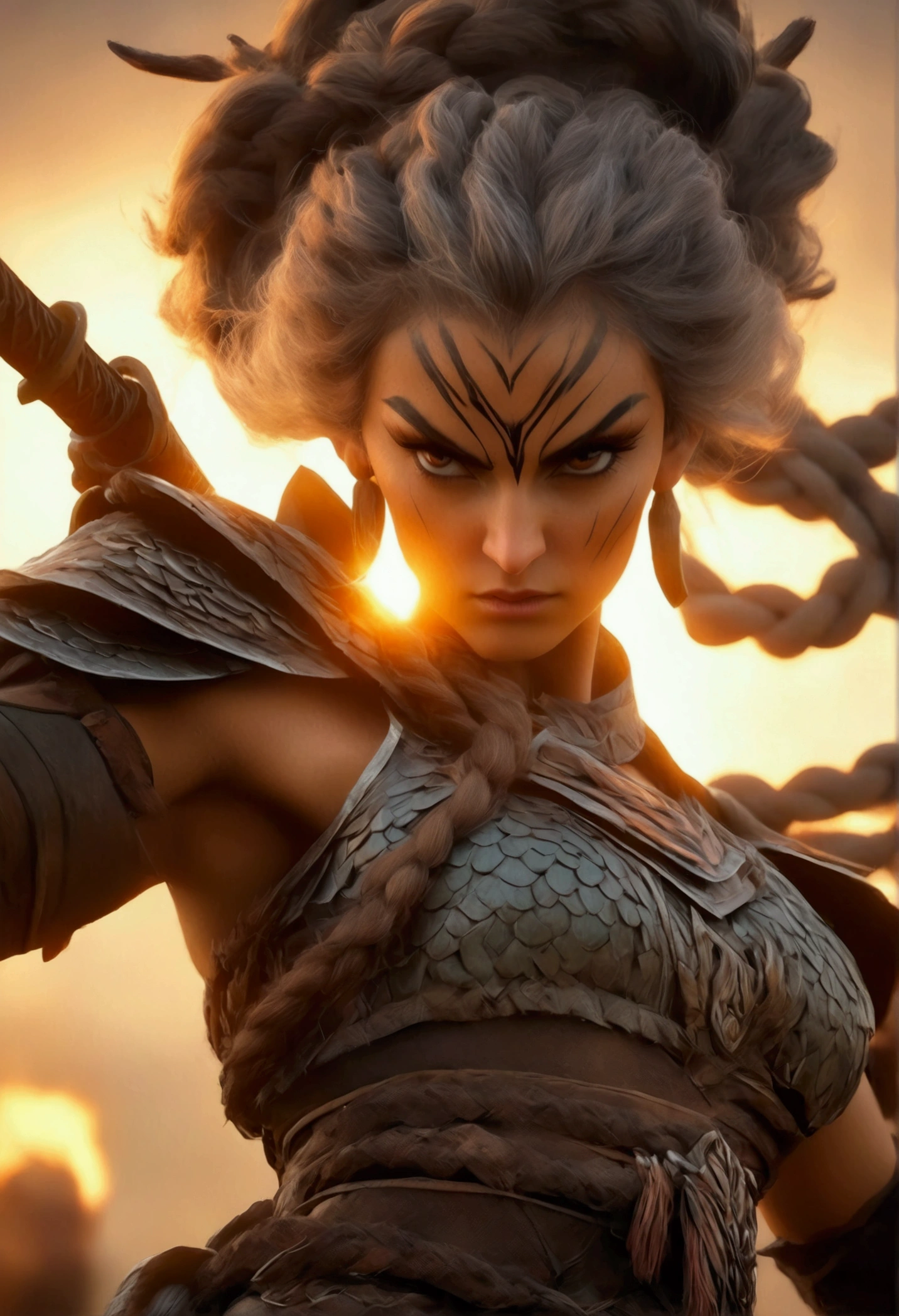 Full body shot view, fantasy style of badass warrior empress, dark brown dragon braided hair with viking hair accessories, backlit, warrior on high flying attack pose while holding a sinister fiery sword. War chaotic, gory, eerie war field. resonance, chiaroscuro, dynamic pose, blurry effect, high-quality photo, vertical elements, dynamics, high-quality, sophisticated detail, field depth, beautiful light, dramatic creative lighting, sharp image, overcast lighting, anti-aliasing, vignette, film grain, SFX, VFX, CGI, RTX, SSAO, FKAA, TXAA, HD HDR, depth of field, rendered with octane render for realistic lighting and shadow, no blurry, 