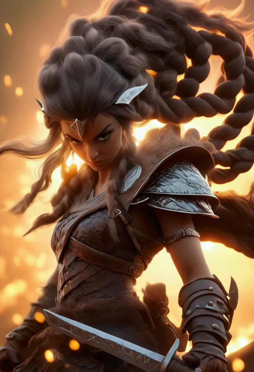 Full body shot view, fantasy style of badass warrior empress, dark brown dragon braided hair with viking hair accessories, backlit, warrior on high flying attack pose while holding a sinister fiery sword. War chaotic, gory, eerie war field. resonance, chiaroscuro, dynamic pose, blurry effect, high-quality photo, vertical elements, dynamics, high-quality, sophisticated detail, field depth, beautiful light, dramatic creative lighting, sharp image, overcast lighting, anti-aliasing, vignette, film grain, SFX, VFX, CGI, RTX, SSAO, FKAA, TXAA, HD HDR, depth of field, rendered with octane render for realistic lighting and shadow, no blurry,