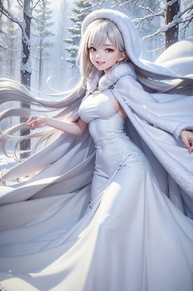 masterpiece、Highest quality、1 girl, winter, platinum blonde hair, Cute girl, smile, close mouse, medium breasts, sideboob:1.2, white dress, winter clothes, long skirt, Fur coat、Small waist、Thin legs、outdoors, front of the lake, snow falling, Prayer Pose, from side:1.4