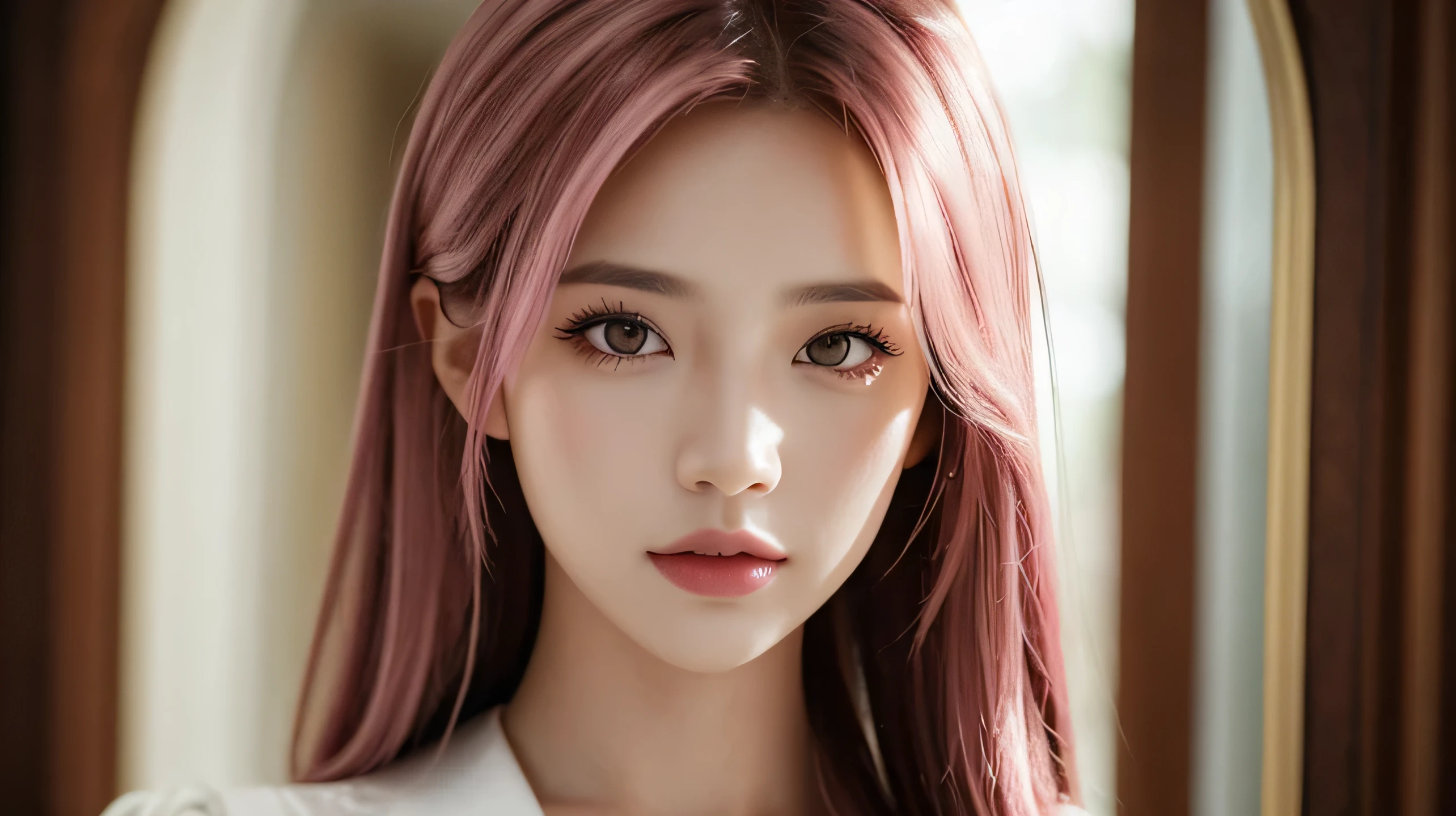 a beautiful girl with detailed pink hair in a white dress, standing at the entrance of a mansion, close-up portrait, highly detailed, masterpiece, best quality, ultra-detailed, realistic, photorealistic, photo-realistic:1.37, HDR, UHD, studio lighting, ultra-fine painting, sharp focus, physically-based rendering, extreme detail description, professional, vivid colors, bokeh