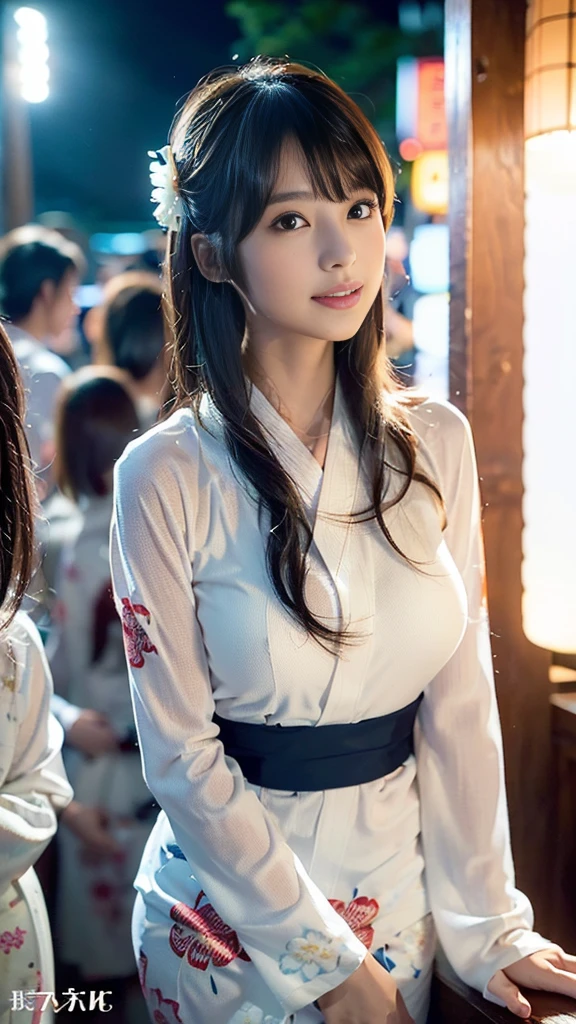masterpiece, Highest quality,16K, Ultra-high resolution,The light and shadow of reality,Cinema Lenses,((Very skinny)),((Very firm and shapely beautiful large breasts)),((Very slim and beautiful thighs)),((High nose、Small Mouth)),((Clean and slim face line)),((Big dark eyes with long eyelashes)),((Very small face))((Very slim and beautiful arms)),((She is very thin and has a great figure)),((Pure white beautiful skin)),((Cute Japanese Girls)),((((yukata,Japanese Kimono))),((((Kimono with floral pattern with long sleeves)))),((((At a night festival)))),(Beautiful Eyes:1.1),Reflecting clear eyes and a gentle smile,