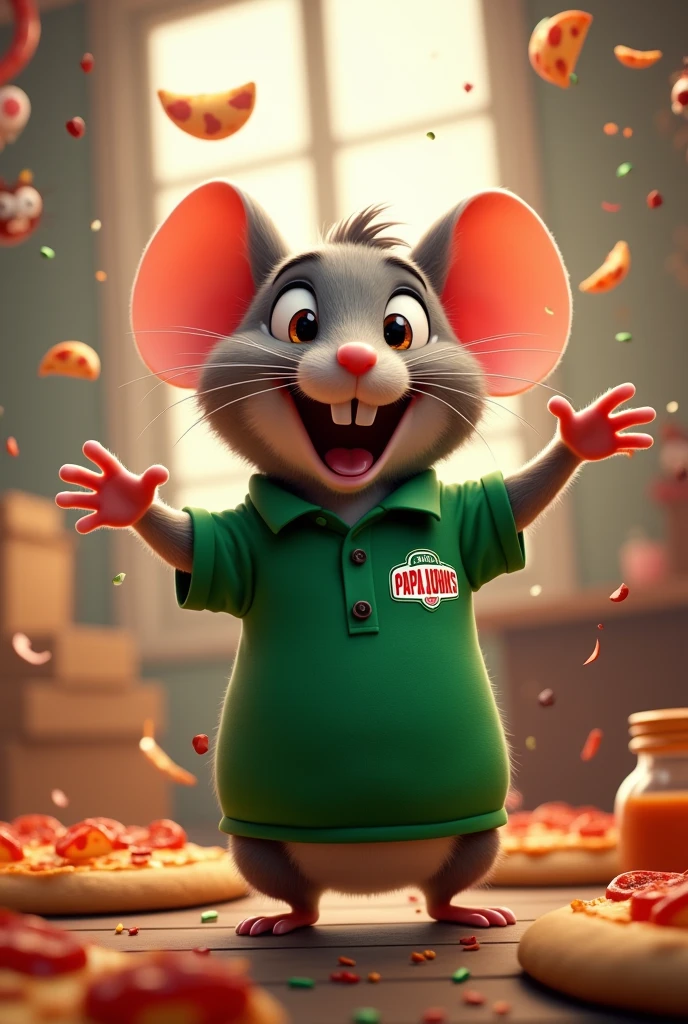 A little mouse that is partying with a green polo shirt that says PAPA JOHNS