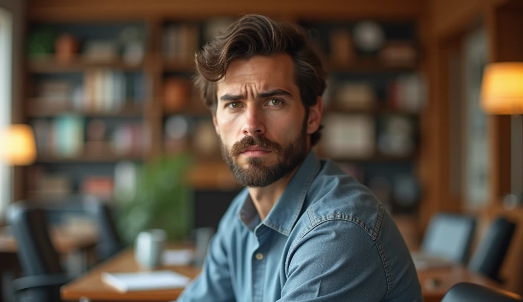 Portrait of a 35-year-old adult man with a youthful appearance, with himself as the main subject. He is in an indoor environment, suggesting an office. The man should be slightly to the right of center, looking directly at the camera with a serious, worried expression. He should have short, slightly wavy dark brown hair and a sparse beard evenly distributed across his face. The lighting should be natural, soft and from the side, evenly illuminating the man's face and creating subtle shadows. The blurred background should be an office, adding depth to the image. Items such as a desk, chairs, bookshelf, books, lamps and office objects should be present, but blurred so as not to distract the man's attention. Use a warm, natural color palette, with wood tones and soft, natural lighting, creating a welcoming, professional atmosphere. The photograph should capture extreme detail, with a high-quality rendering in 8k, with professional photographic quality. The image must be high resolution with attention to detail and realism.