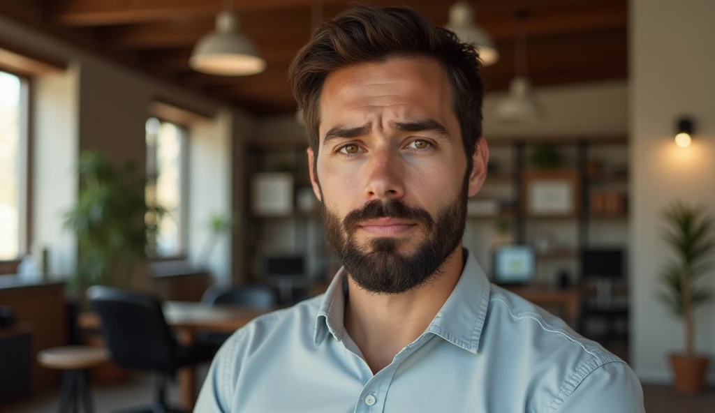 Portrait of a 35-year-old adult man with a youthful appearance, with himself as the main subject. He is in an indoor environment, suggesting an office. The man should be slightly to the right of center, looking directly at the camera with a serious, worried expression. He should have short, slightly wavy dark brown hair and a sparse beard evenly distributed across his face. The lighting should be natural, soft and from the side, evenly illuminating the man's face and creating subtle shadows. The blurred background should be an office, adding depth to the image. Items such as a desk, chairs, bookshelf, books, lamps and office objects should be present, but blurred so as not to distract the man's attention. Use a warm, natural color palette, with wood tones and soft, natural lighting, creating a welcoming, professional atmosphere. The photograph should capture extreme detail, with a high-quality rendering in 8k, with professional photographic quality. The image must be high resolution with attention to detail and realism.