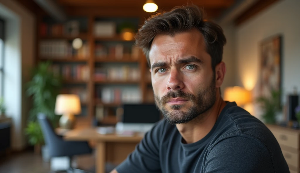 Portrait of a 35-year-old adult man with a youthful appearance, with himself as the main subject. He is in an indoor environment, suggesting an office. The man should be slightly to the right of center, looking directly at the camera with a serious, worried expression. He should have short, slightly wavy dark brown hair and a sparse beard evenly distributed across his face. The lighting should be natural, soft and from the side, evenly illuminating the man's face and creating subtle shadows. The blurred background should be an office, adding depth to the image. Items such as a desk, chairs, bookshelf, books, lamps and office objects should be present, but blurred so as not to distract the man's attention. Use a warm, natural color palette, with wood tones and soft, natural lighting, creating a welcoming, professional atmosphere. The photograph should capture extreme detail, with a high-quality rendering in 8k, with professional photographic quality. The image must be high resolution with attention to detail and realism.