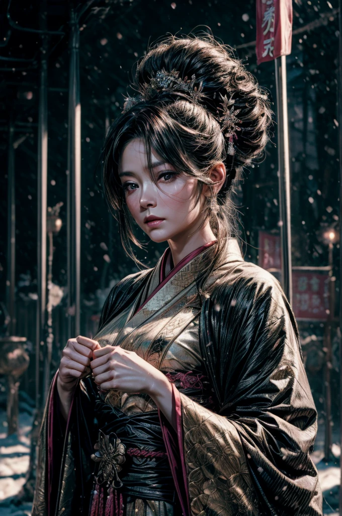 A samurai mature woman in realistic portrait of high quality and detail, movie style, mature face, 43 years old, Geisha, white makeup, She has Japanese traditional hairstyle, traditional hairstyle-nihongami, black eyes, pale skin, asian girl, She is wearing a traditional Japanese pink armor, blood on her clothes, medium breast, curvy, milf, mole on her face, dark fantasy, dark atmosphere, dramatic look, glow, eye shadow, 1girl, Depth & Perspective, melancholic face, fine face, She's standing in the japanese street, outdoors, snow on background, winter, night time, looking at viewer, (ultra-high detail:1.2), Masterpiece, Best Quality, Ultra-detailed, Cinematic lighting, 8K, delicate features, cinematic, 35 mm lens, f/1.9, highlight lighting, global lighting –uplight –v 4, cinematic, Cinematic lighting, 8K, high quality, Highest Quality, (Solo Focus), (extremly intricate:1.3), (Realistic), masterful, Analog style, (Film grain:1.5), (cold tone),