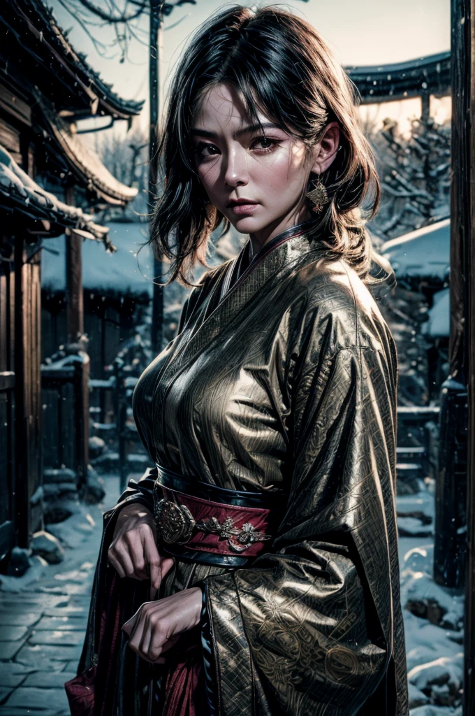A samurai mature woman in realistic portrait of high quality and detail, movie style, mature face, 43 years old, Geisha, white makeup, She has Japanese traditional hairstyle, traditional hairstyle-nihongami, black eyes, pale skin, asian girl, She is wearing a traditional Japanese pink armor, blood on her clothes, medium breast, curvy, milf, mole on her face, dark fantasy, dark atmosphere, dramatic look, glow, eye shadow, 1girl, Depth & Perspective, melancholic face, fine face, She's standing in the japanese street, outdoors, snow on background, winter, night time, looking at viewer, (ultra-high detail:1.2), Masterpiece, Best Quality, Ultra-detailed, Cinematic lighting, 8K, delicate features, cinematic, 35 mm lens, f/1.9, highlight lighting, global lighting –uplight –v 4, cinematic, Cinematic lighting, 8K, high quality, Highest Quality, (Solo Focus), (extremly intricate:1.3), (Realistic), masterful, Analog style, (Film grain:1.5), (cold tone),