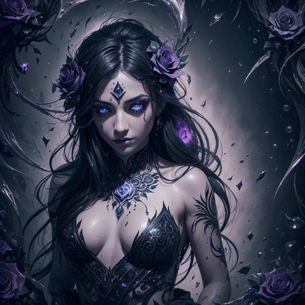 vengful spirit from dota 2, Arcana Black Rose, beautiful, Cold, glitter on skin, black roses in hair, expressive eyes, long eyelashes , wet, 
water drops, Drawing with pencils, black ink outline