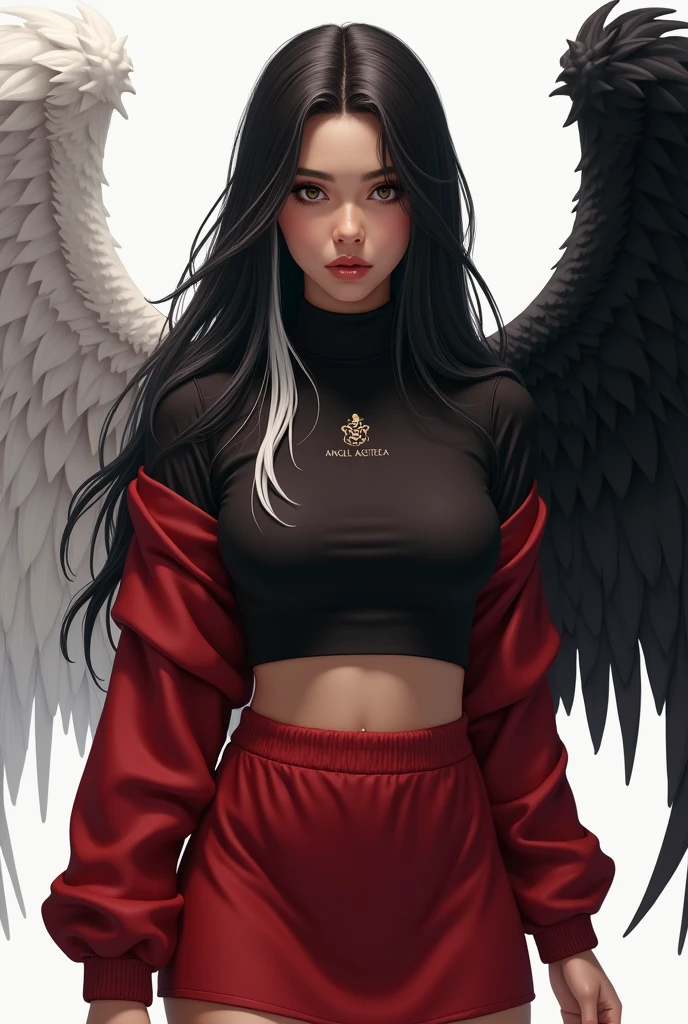 Light brown-skinned woman with long black hair and a white lock wearing a black shirt with a short red sweater that reaches above her waist and has a black logo on the sweater and a red skirt and has two-tone wings on her back, the right wing is completely black and the left wing is completely white and has the text on one part. "Angela Astartea" in large letters in a corner of the image