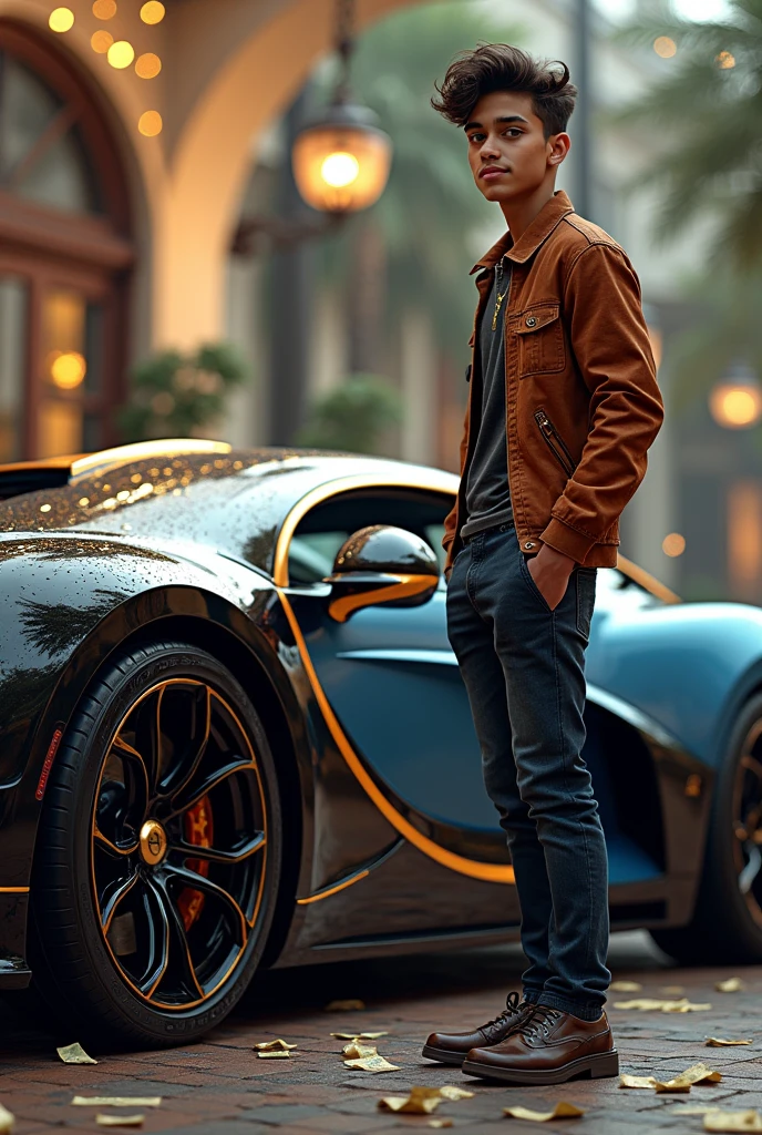 A teenager proudly poses next to a luxurious Bugatti with name Abdullah showcasing their wealth and success and dollers throw