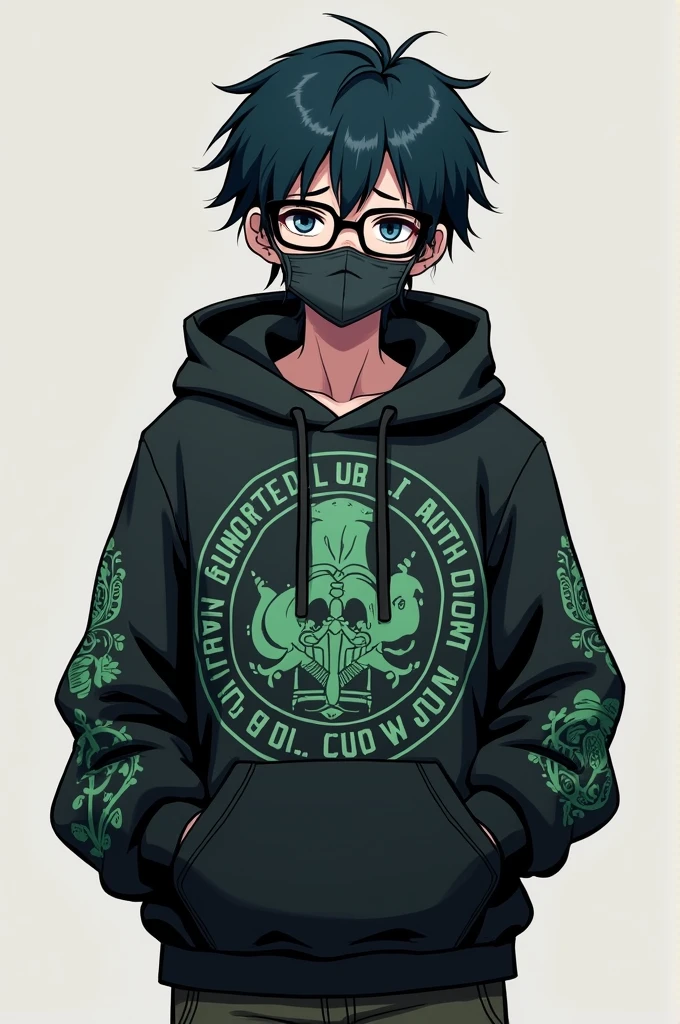 Facing forward, up to the upper body。
A boy posing with a lack of confidence。
Black hair with some blue mixed in。
I have a game console called Switch.。
Wearing a heavily decorated hoodie。
The clothes are black and green。
He wears square black-rimmed glasses。
Wearing a mask on the chin。