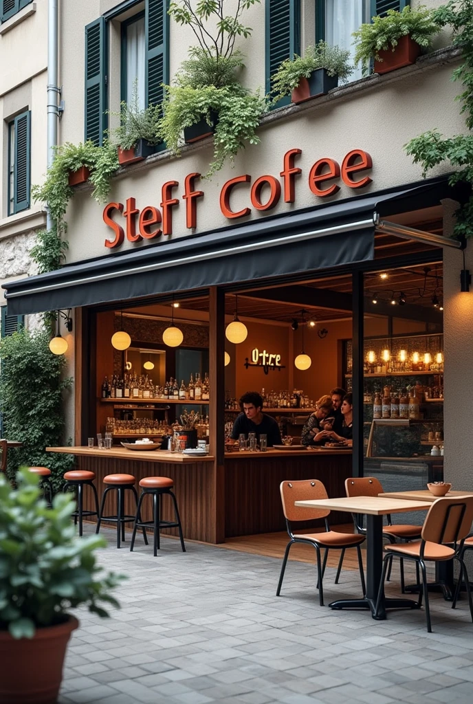 Take me a realistic and nice photo of a large cafeteria from the outside and from the front where the name Steff Coffe can be seen.