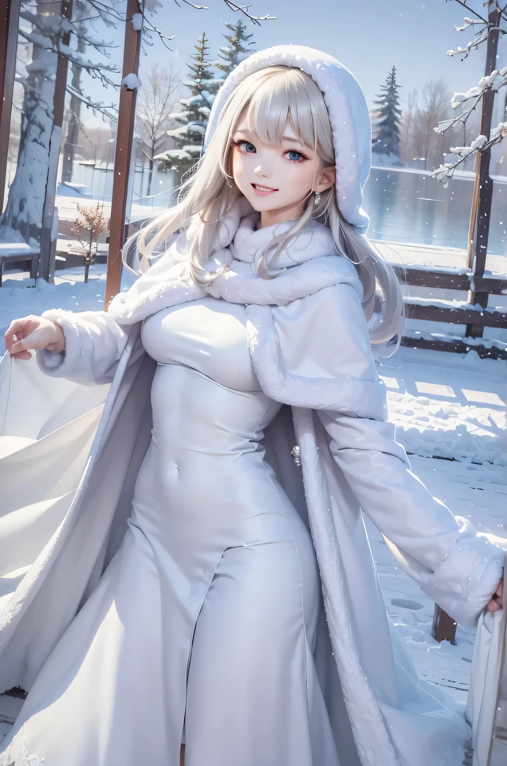 masterpiece、Highest quality、1 girl, winter, platinum blonde hair, Cute girl, smile, close mouse, medium breasts, sideboob:1.2, white dress, winter clothes, long skirt, Fur coat、Small waist、Thin legs、outdoors, frozen lake, snow falling