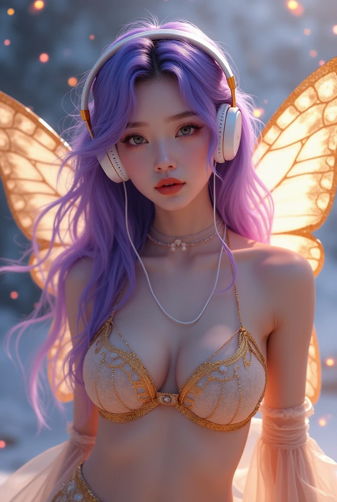 Korean purple hair butterfly woman with headphone and skirt and gold crop top perfect full body 