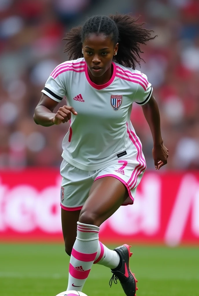 Black female soccer player , with the white and pink shorts, white shirt with pink and black stripes