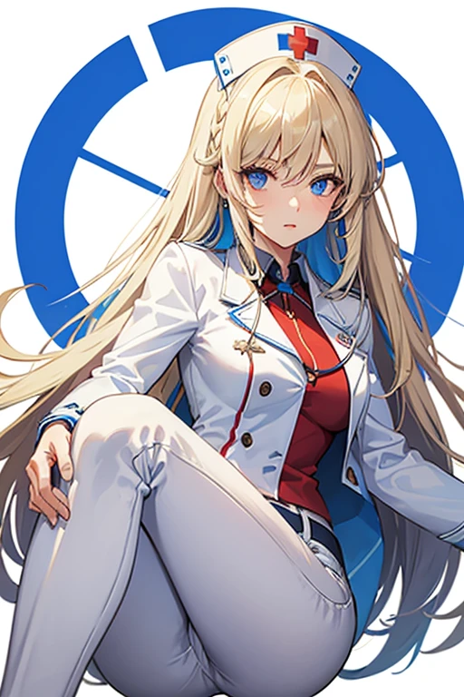 woman in her 20s, Mexican, slim build, nurse uniform, white coat, blue pants, long blonde hair, spiky hair, blue eyes, looking directly at viewer white background