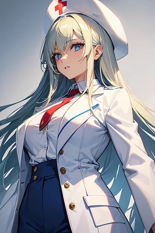 woman in her 20s, Mexican, slim build, nurse uniform, white coat, blue pants, long blonde hair, spiky hair, blue eyes, looking directly at viewer white background