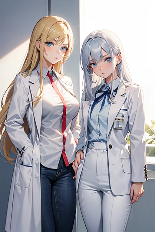 woman in her 20s, Mexican, slim build, nurse uniform, white coat, blue pants, long blonde hair, spiky hair, blue eyes, looking directly at viewer white background