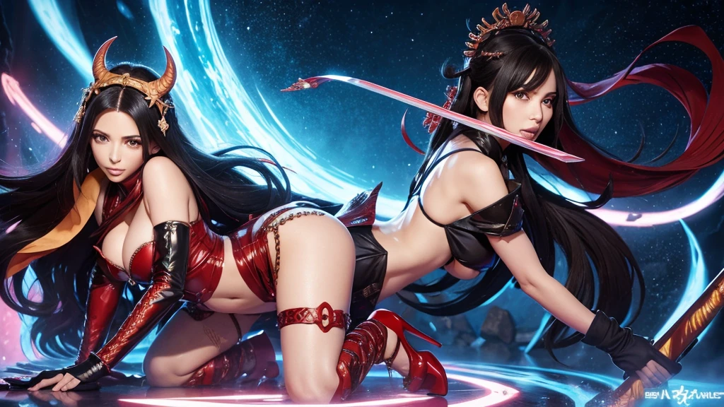 Kim Kardashian as Anat virgin goddess of war and strife, Canaanite religion, Bimbo aesthetic, Stripper High Heels, wearing 6 inch high heels, Demon Slayer: Kimetsu no Yaiba, Demon slayer anime splash art, ufotable anime art style Illustration, Action Pose, full body shot.