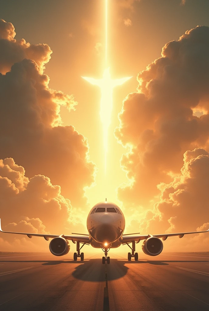 An image of a plane and many angels entering it, with Jesus entering behind them, sublime image. The plane is landed at the airport, in the sky, a beautiful light illuminating the plane. 