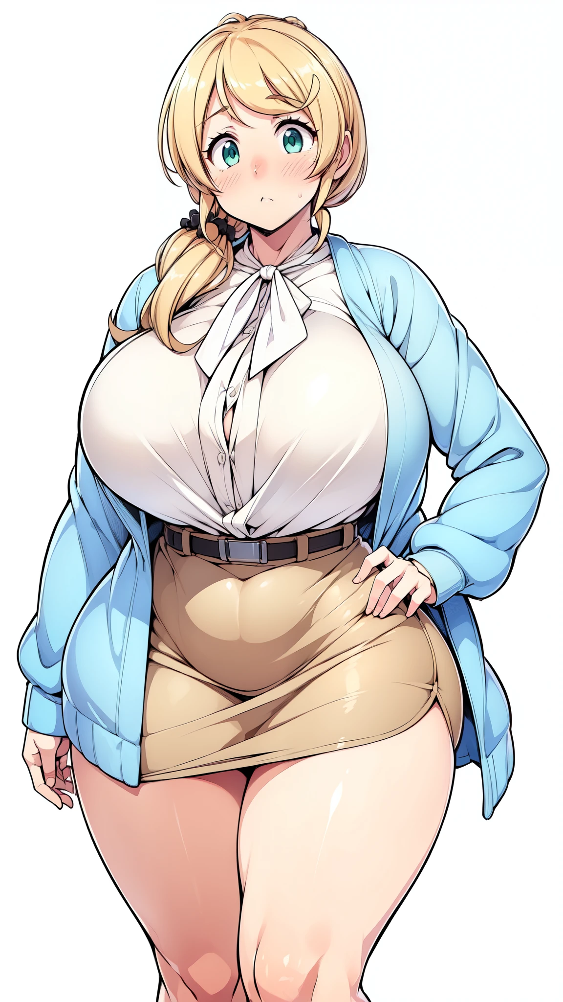 (Highly detailed CG,Highest quality,8k, masterpiece: 1.3),Super Detail, Ultra-high resolution, ((simple white background)), Ellen Baker,girl(teacher),22 years old,Green Eye,Delicate eyes, hair(bionde,length,Loose Side Tail),(White transparent blouse),(Light blue cardigan), (light brown mini skirt), (Cute pink panties), (thin:1.4), (huge breasts, bursting breast), (narrow waist:1.4), (wide hips), ((voluptuous thighs, thick thighs)), (from side:0.8), Embarrassed look, blush, bare legs, full body shot,