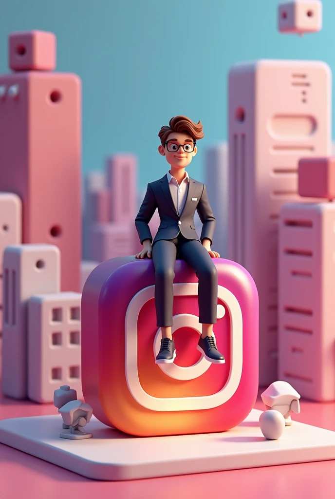 Create a 3D image featuring an animated character in a relaxed sitting position atop the "INSTAGRAM" logo. The character should be dressed casually in modern attire like a formal clothes. The backdrop of the image should display a social media profile page with the username "SGP_8110" and a profile picture resembling our 3D character. Ensure that the text is accurate and not Misspelled