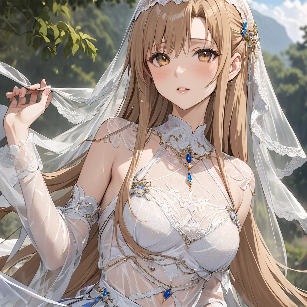 ((Highest quality)), ((masterpiece)), (detailed), (Perfect Face)、The woman is Yuuki Asuna, with light brown, semi-long hair, wearing a completely transparent outfit and veil, and adorned with luxurious accessories.