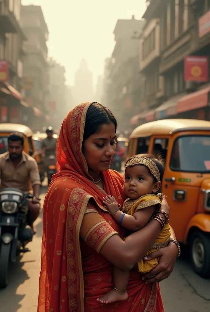 Indian Mother take care his baby in traffic