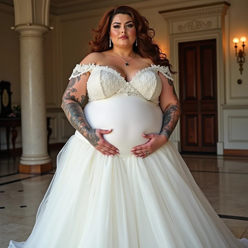 A woman is 200kg obese with a lot of belly fat, like Tess Holliday, she is a former plus size model with a beautiful face, she is wearing a pure white mermaid wedding dress with a big belly, she is an obese American female sumo wrestler with a very large belly, her belly is bulging and covered with a lot of fat, she has a nice saggy belly and a tattoo around her navel, she is in a luxurious wedding venue, 4K quality, low angle
