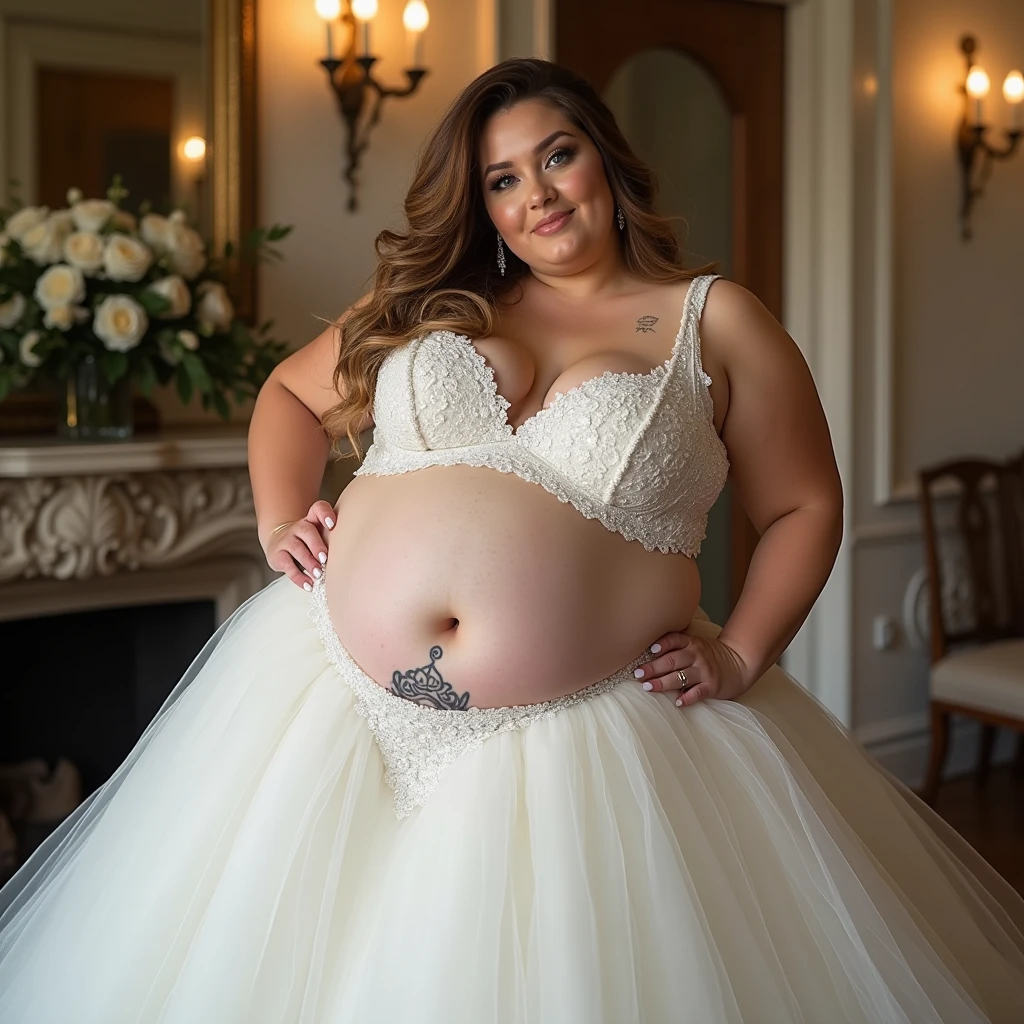 A woman is 200kg obese with a lot of belly fat, like Tess Holliday, she is a former plus size model with a beautiful face, she is wearing a pure white mermaid wedding dress with a big belly, she is an obese American female sumo wrestler with a very large belly, her belly is bulging and covered with a lot of fat, she has a nice saggy belly and a tattoo around her navel, she is in a luxurious wedding venue, 4K quality, low angle
