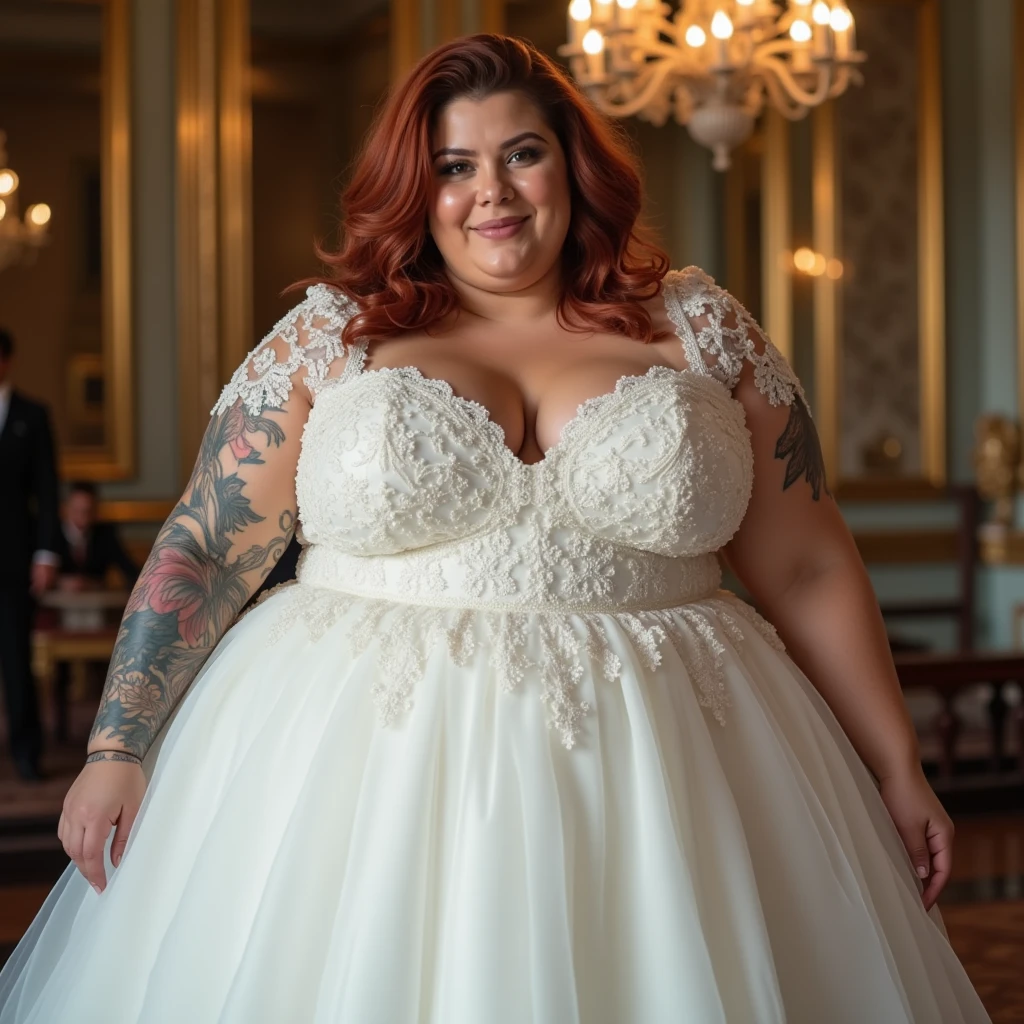 A woman is 200kg obese with a lot of belly fat, like Tess Holliday, she is a former plus size model with a beautiful face, she is wearing a pure white mermaid wedding dress with a big belly, she is an obese American female sumo wrestler with a very large belly, her belly is bulging and covered with a lot of fat, she has a nice saggy belly and a tattoo around her navel, she is in a luxurious wedding venue, 4K quality, low angle