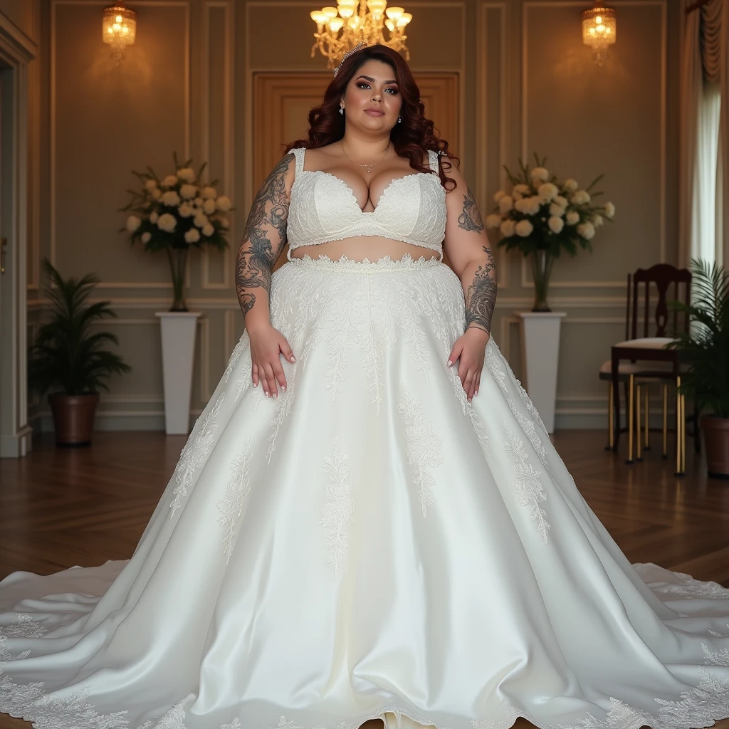 A woman is 200kg obese with a lot of belly fat, like Tess Holliday, she is a former plus size model with a beautiful face, she is wearing a pure white mermaid wedding dress with a big belly, she is an obese American female sumo wrestler with a very large belly, her belly is bulging and covered with a lot of fat, she has a nice saggy belly and a tattoo around her navel, she is in a luxurious wedding venue, 4K quality, low angle